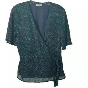 Pleoine Women's Polka Dot Faux Wrap Tie Blouse Navy with dots Green Size‎ M